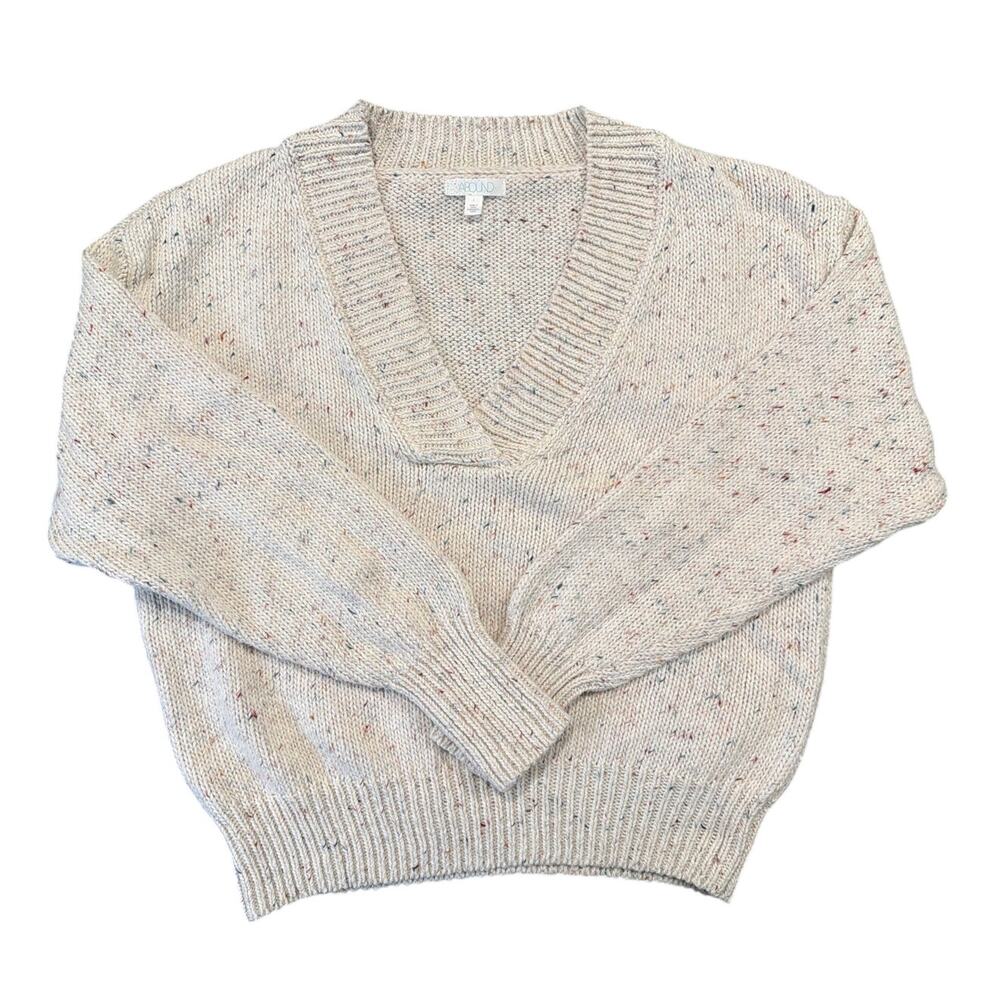 Abound Cream Speckled V-Neck Sweater, Women's Large, Cotton Blend
